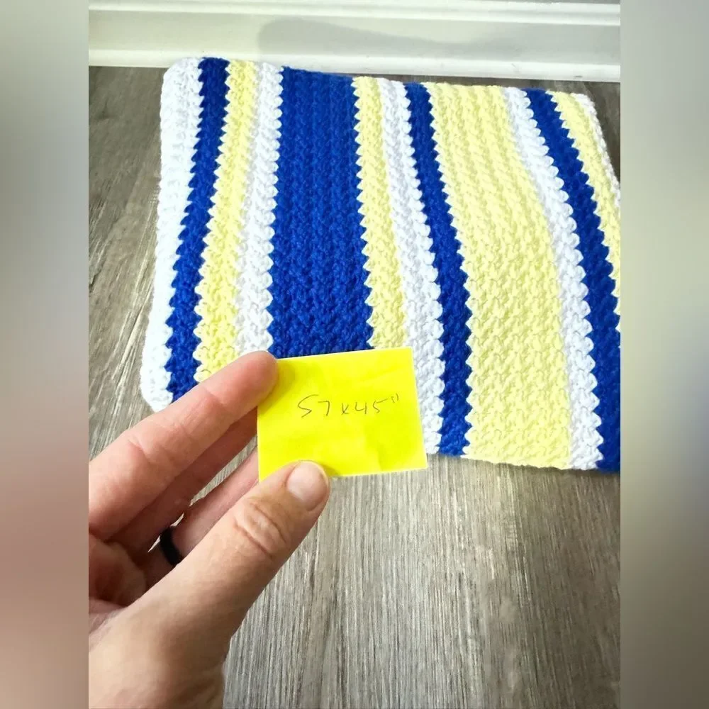 VTG Crochet Afghan Chevron Striped Blue Yellow Blanket Throw Michigan Football
